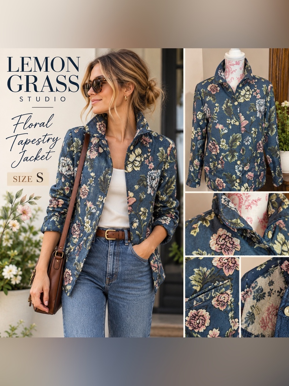 Lemon Grass Studio Floral Tapestry Jacquard Jacket Blue Size S